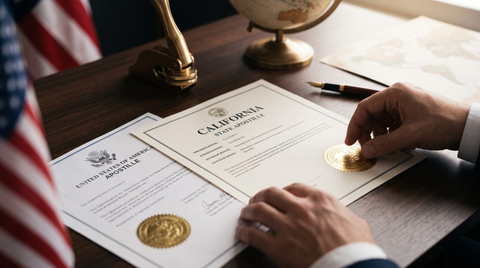 A person in a business suit reviewing and applying a gold seal to an official California State Apostille and a federal United States of America Apostille document on a wooden desk with a U.S. flag, globe, and vintage notary stamp.