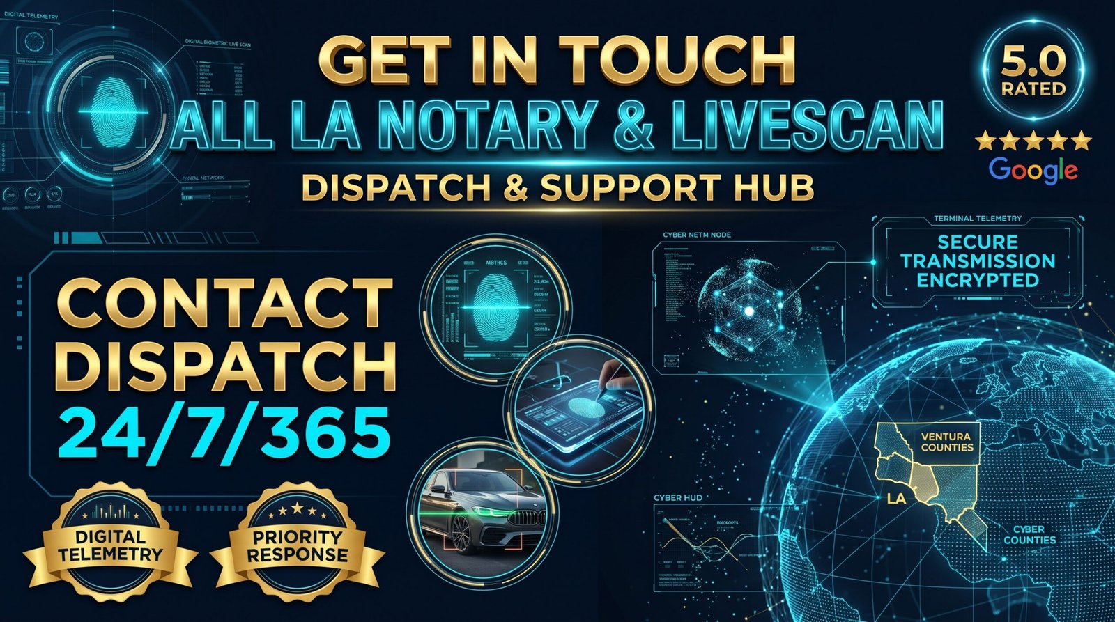 ALL LA NOTARY & LIVESCAN high-tech futuristic contact banner featuring 24/7 mobile dispatch, encrypted biometric Live Scan fingerprinting, luxury vehicle VIN verification telemetry, and a 5.0 rated Google reviews badge.