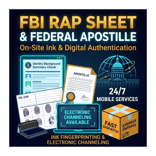 FBI Rap Sheet and Federal Apostille using ink fingerprinting and electronic channeling available