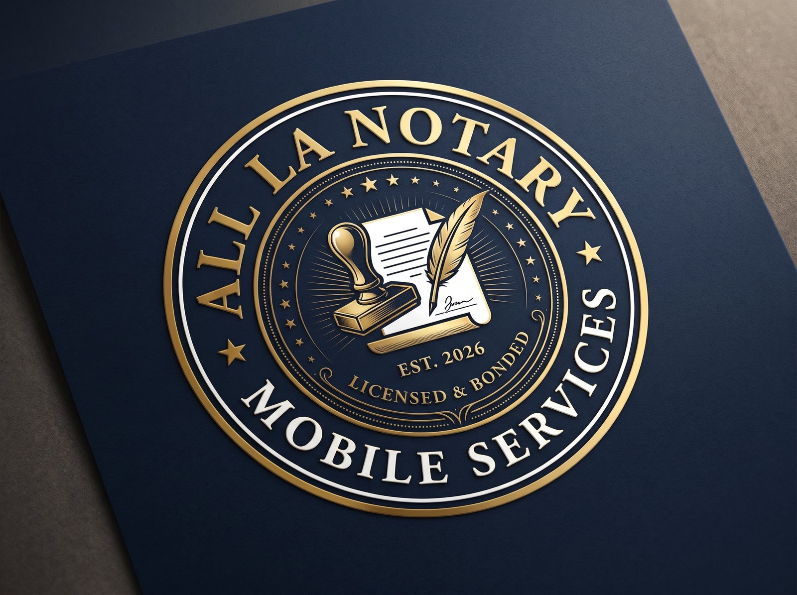 ALL LA Notary Mobile Services official seal logo with notary stamp and quill pen, licensed and bonded in California