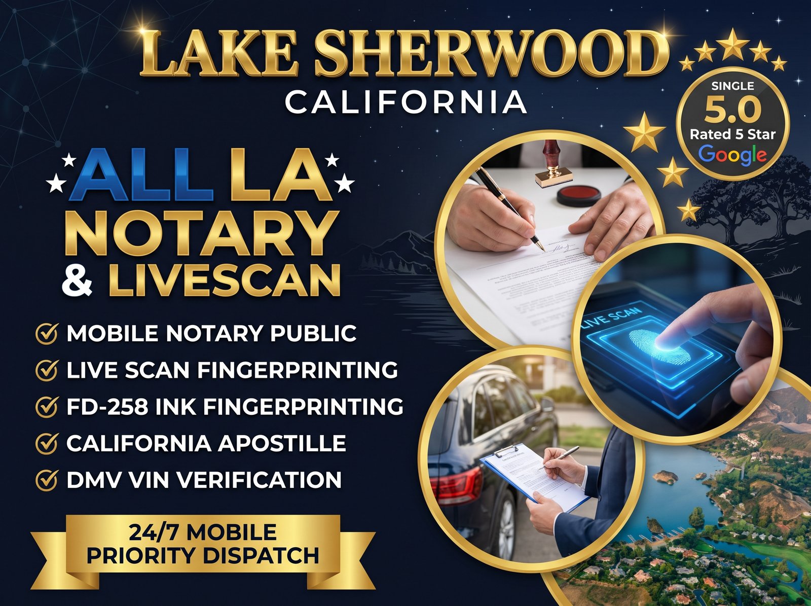 LAKE SHERWOOD CALIFORNIA ALL LA NOTARY & LIVESCAN promotional banner featuring Mobile Notary Public, Live Scan Fingerprinting, FD-258 Ink Fingerprinting, California Apostille, and DMV VIN Verification services in Lake Sherwood CA with a single 5.0 Rated 5 Star Google badge.