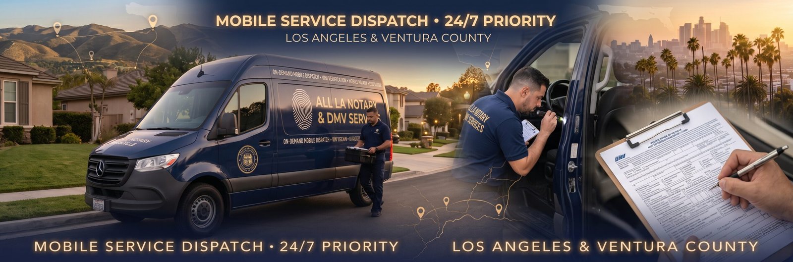 Licensed mobile California DMV VIN verifier inspecting vehicle door jamb and completing Form REG 31 verification with mobile service van in Los Angeles and Ventura County